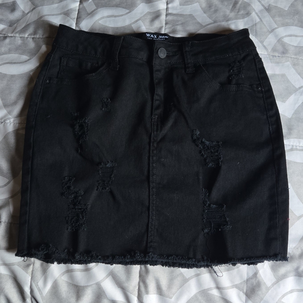 Wax Jean Black Distressed Denim Skirt